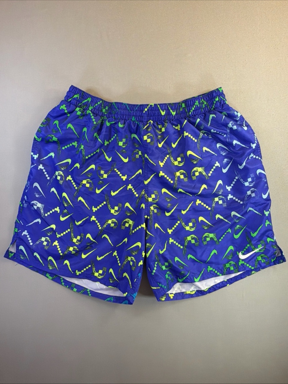 Nike Men’s Blue Swim Board Shorts with Neon Green & Yellow Swoosh Pattern